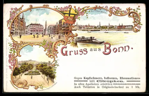 Lithographie Bonn, Kaiserplatz u. Poppelsdorfer Allee, Marktplatz, Panorama v. Beuel gesehen, Wappen
