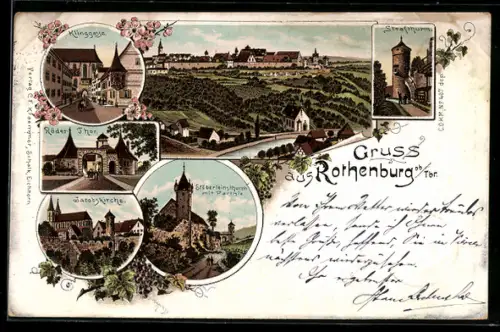 Lithographie Rothenburg, Strafthurm, Klinggasse, Röder-Thor, Jacobskirche