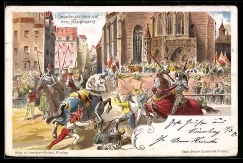 Lithographie Nürnberg, Gesellenstechen auf dem Hauptmarkt