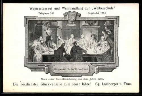 AK Augsburg, Weinrestaurant und Weinhandlung zur Weiberschule, Ansicht einer Gesellschaft im Jahre 1786