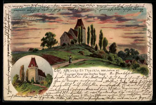 Lithographie Leipzig, 900 Jahre alte Kirche St. Theckla