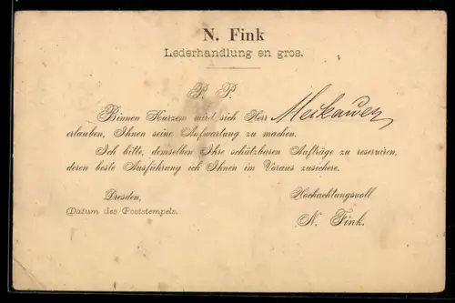 AK Dresden, Korrespondenzkarte Lederhandlung von N. Fink