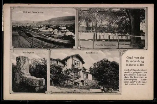 Passepartout-AK Berka a. Ilm, Ortsansicht mit Feldern, Gasthaus Rauschenburg, Müllingstein