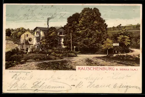 AK Berka /Ilm, Gasthaus Rauschenburg mit Gartenanlage