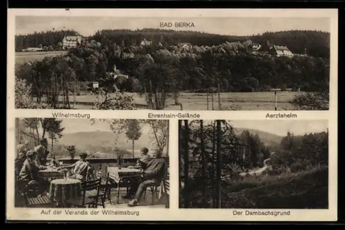 AK Bad Berka, Hotel Wilhelmsburg, Totalansicht und Ehrenhain-Gelände