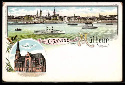 Lithographie Mülheim / Rhein, Dampfer vor dem Ort, Rheinfischer