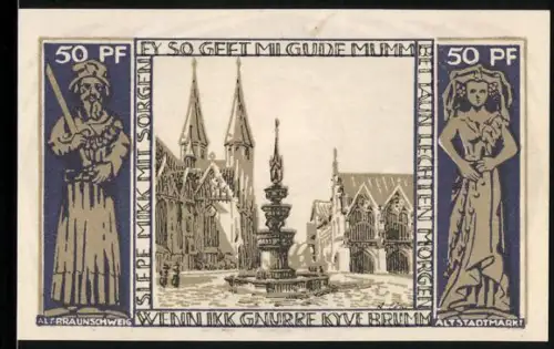 Notgeld Braunschweig 1923, 50 Pfennig, Altstadtmarkt mit Statuen und Pferd im Wappen