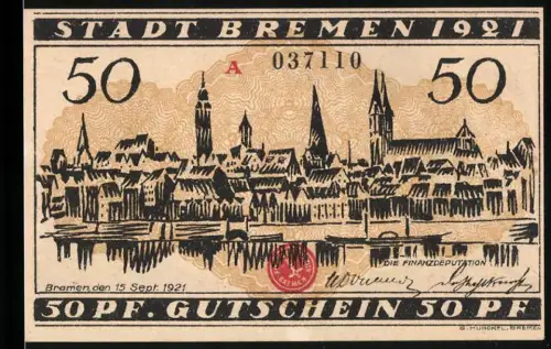 Notgeld Bremen 1921, 50 Pf., Ortsansicht und Kaufleute mit Hafenmotiven
