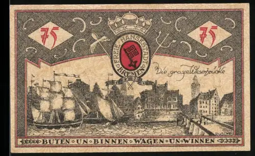 Notgeld Bremen 1921, 75 Pfennig, Segelschiff und Ortsansicht mit Wappen der Freien Hansestadt Bremen
