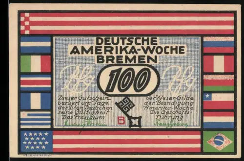Notgeld Bremen 1923, 100 Pfennig, Deutsche Amerika-Woche, Ortsansicht von New York
