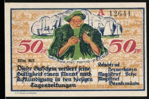 Notgeld Bremerhaven 1921, 50 Pf, Mann mit Hut und Schiffsmotiv