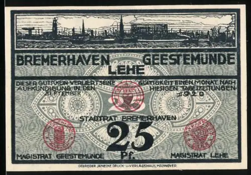 Notgeld Bremerhaven 1920, 25 Pf., Ortsansicht und Fische mit lateinischem Spruch