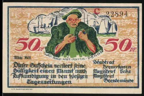 Notgeld Bremerhaven 1921, 50 Pf, Fischer vor Schiffen und Anker mit Pflug