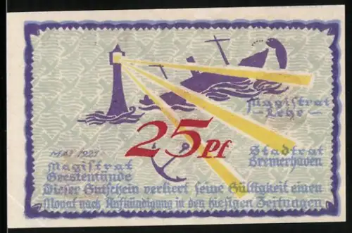 Notgeld Bremerhaven 1921, 25 Pf, Leuchtturm mit Schiff und Wappen, Industriegebäude, Schiff und Flugzeug