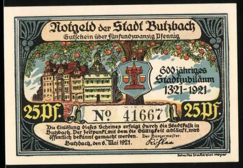 Notgeld Butzbach 1921, 25 Pfennig, Ortsansicht und traditionelle Trachtenszene mit Spruchband