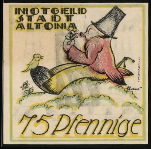 Notgeld Altona /Elbe 1921, 75 Pfennig, schlafende Figur mit Vogel und Blumenstrauss, drei Kirchtürme