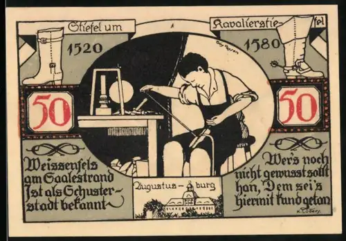 Notgeld Weissenfels a.d. Saale 1921, 50 Pfennig, Schuster bei der Arbeit und Stadtwappen, Jahreszahl 1547, Augustusburg