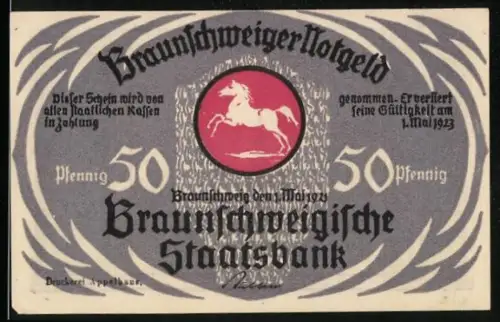 Notgeld Braunschweig 1921, 50 Pfennig, springendes Pferd und Altstadtmarkt mit Brunnen und Kirche