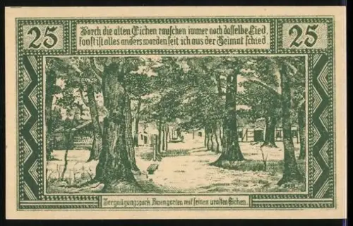 Notgeld Neuhaus a. Elbe 1921, 25 Pfennig, Vergnügungspartk Rosengarten mit uralten Eichen