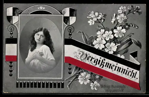 AK Frauenprotrait, Vergissmeinnicht, Weltkriegs-Blumensprache