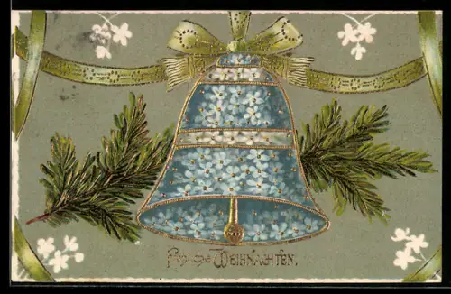 AK Glocke aus Vergissmeinnicht mit Tannenzweig