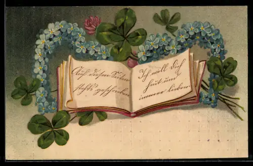 Präge-AK Buch mit Girlande aus Vergissmeinnicht mit Klee