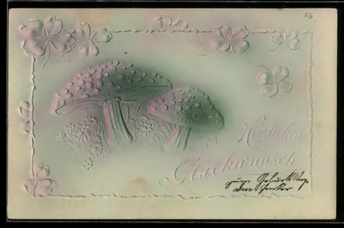 Präge-AK Fliegenpilze und Klee