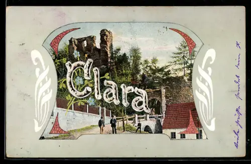 Passepartout-AK Namenstag Clara, Ortspartie mit Ruine