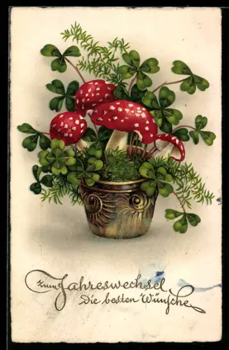 AK Fliegenpilze und Klee zum neuen Jahr
