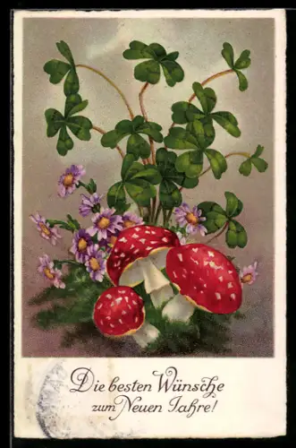 AK Glücksklee und Fliegenpilze, Neujahrsgruss