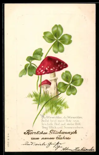 Lithographie Kleeblätter und Fliegenpilz, Neujahr