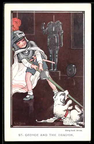 Künstler-AK St. George and the Drag-on, Kind in Rüstung mit Hund