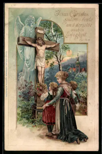 AK Mutter mit ihren Kindern an einem Flurkreuz, Engel