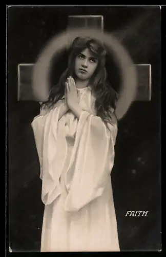 AK Betende Frau vor einem Kreuz, Faith