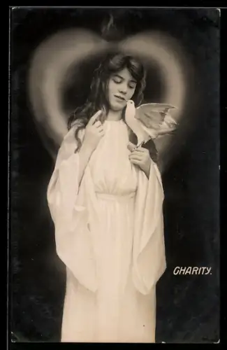 AK Dame mit weisser Taube, Charity