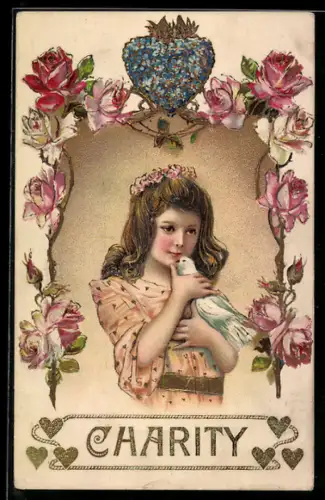 Präge-AK Mädchen mit weisser Taube und Rosen, Charity