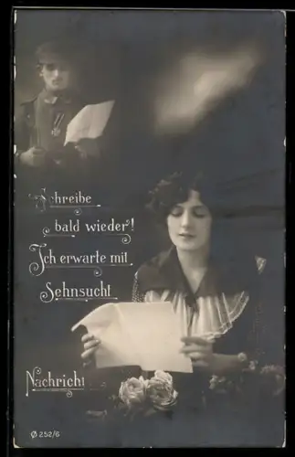 Foto-AK Soldat und Dame lesen Briefe