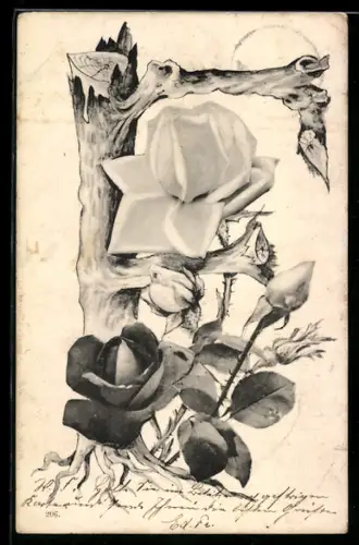 AK Buchstabe F aus einem Baumstamm mit Rosen