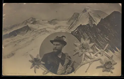 Foto-AK Bergsteigerportrait mit Edelweiss und verschneitem Gebirge im Passepartout