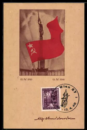 AK Statue mit Flagge der UDSSR