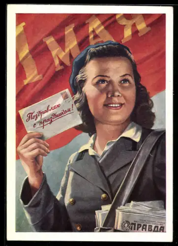 AK Briefträgerin mit Umhängetasche vor roter Flagge, UDSSR