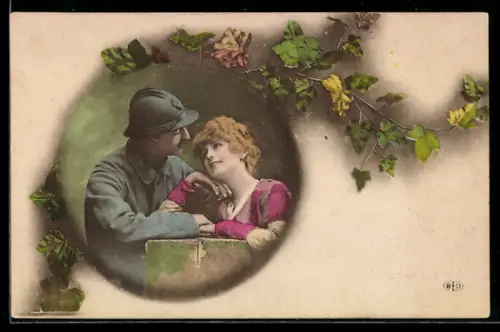 AK Französischer Soldat mit Braut, Passepartout, Efeu