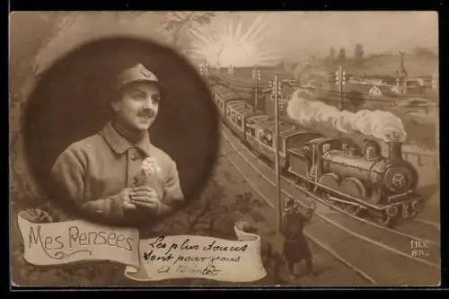 AK Mes Pensées, Soldat mit Blumen, Eisenbahn, Sonnenuntergang