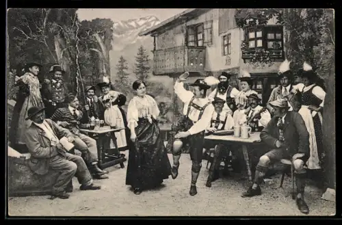 AK Partenkirchen, Werdenfelser Bauerntheater in Trachten beim Volkstanz