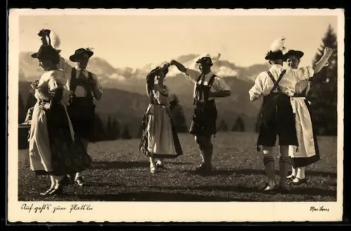 AK Paare in Tracht beim Schuhplattler Volkstanz