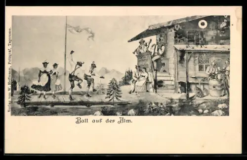 AK Männer und Frauen in Tracht beim Volkstanz auf der Alm