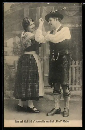AK München, Hans und Mirzl Bösl, d` Schuhplattler vom Rest. Platzl