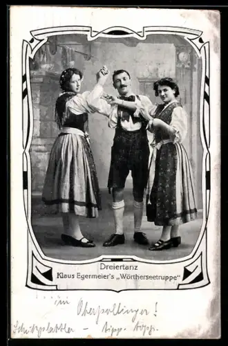 AK Mann und zwei Frauen von Klaus Egermeiers Wörtherseetruppe beim Volkstanz, Dreiertanz