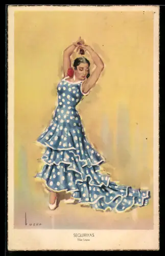 AK Hübsche Tänzerin mit Blumen im Haar in einer Volkstanzpose