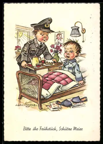 AK Bitte ihr Frühstück, Schütze Meier, Karikatur, Bundeswehr